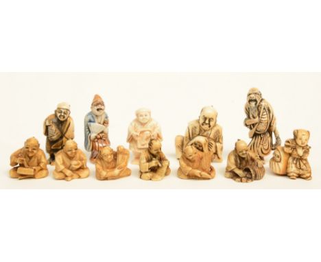 A lot of twelve various katabori netsuke, bone, mammoth-ivory, whale bone and porcelain, some of them signed, Meiji-period, H