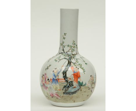 A Chinese polychrome bottle vase, decorated with children playing in a garden, marked Qianlong, H 44,5 cm