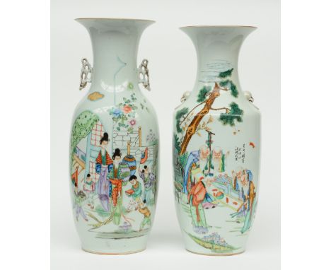Two Chinese polychrome vases, one painted with sages, the other painted with two ladies and children playing in a garden, H 5