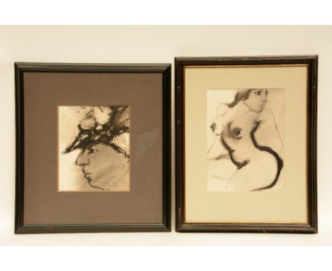 Somville R., a female nude an a womans portrait, Indian ink and grey wash drawing, one dated 1966, 24 x 29 - 26 x 35 cm