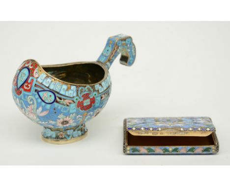 A Russian silver and cloisonné enameled kovsh, 84 zolotniki (875/000), 19thC; added a ditto early 20thC parcel-gilt ladies co