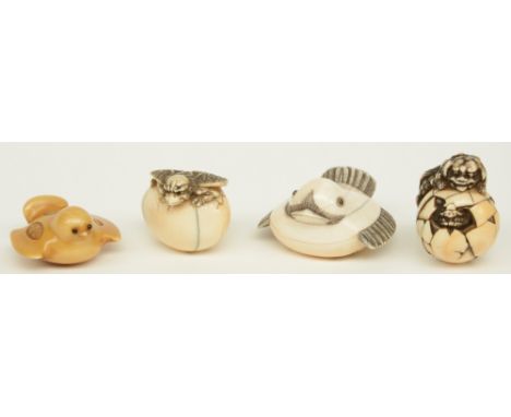 Four exceptional Edo period Japanese ivory katabori-netsuke, two in the form of little chicken, one in the form of a playing 