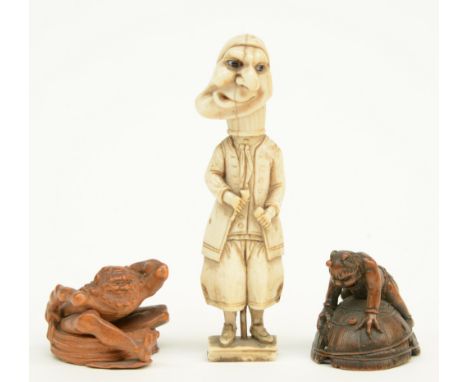 Two Japanese wooden katabori netsuke depicting kappa, Edo-period, both signed; added an ivory okimono depicting a 'European D