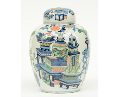 A Chinese polychrome ginger jar, decorated with flowers and antiquities, marked Kangxi, 19thC, H 30,5 cm