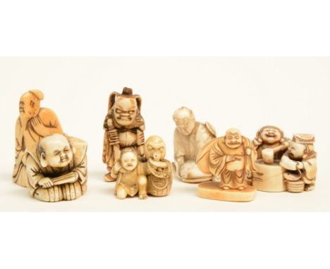 A lot of seven katabori netsuke out of bone, mammoth ivory and whale bone, some of them signed, Meiji-period, H 3,2 - 5,4cm; 