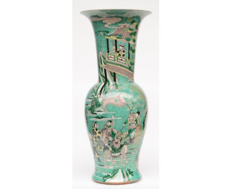 A Chinese famille verte Yen-Yen vase, overall decorated with warriors, marked Kangxi, H 83 cm (chip and hairline on the top r