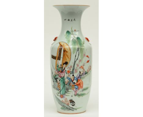 A Chinese vase, polychrome decorated with children playing in a garden, H 57,5 cm (chip on the top rim)