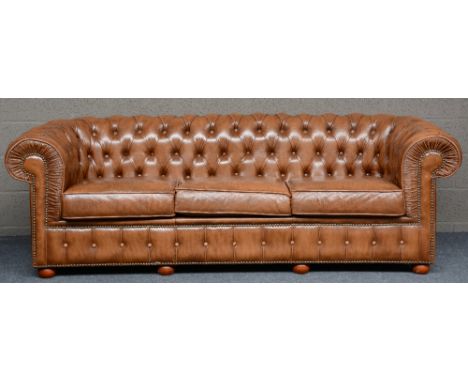 Chesterfield sofa with brown leather upholstering, H 71 - D 83 - L 215 cm