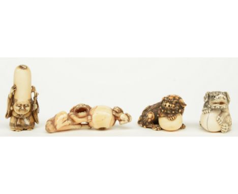 Four late Edo period Japanese ivory katabori-netsuke, three in the form of Shishi playing with a ball (one with a moving part