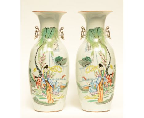 A pair of Chinese polychrome vases, decorated with a lady with children playing in a garden, H 58 (one vase with hairline on 