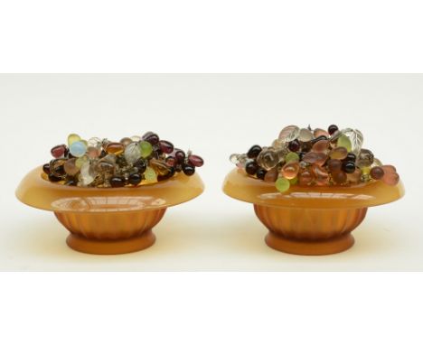 A pair of colored glass bowls decorated with ditto fruit bunches, mountable as a lamp, 1920s, H 9 - Diameter 22cm