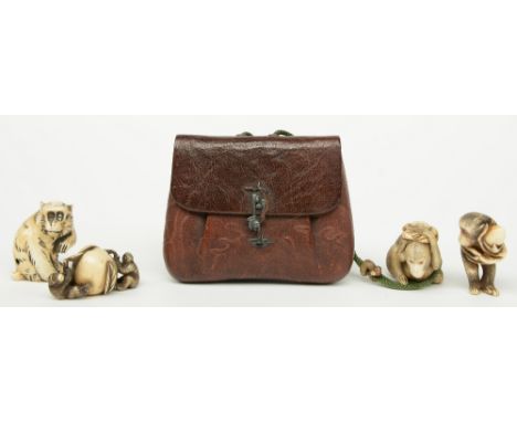 Three rare late Edo period Japanese ivory katabori-netsuke, in the form of monkeys, one of which with a leather inr?; added a