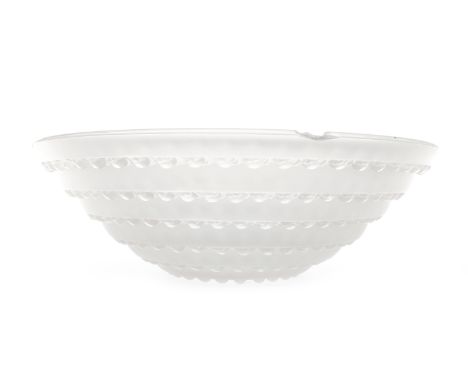 EARLY 20TH CENTURY LALIQUE CICULAR FRUIT BOWL
the frosted lead glass of beaded, stepped form, with impressed R. Lalique, Fran