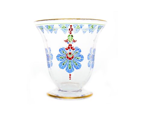 WEBB CORBETT CRYSTAL GLASS VASE 
of inverted bell form on circular foot, decorated with stylized enamel floral pendants, etch