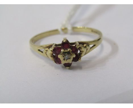 9ct YELLOW GOLD RUBY &amp; DIAMOND DAISY RING, size Q 