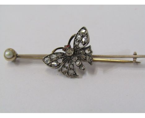 VINTAGE DIAMOND SET BUTTERFLY BROOCH, tests 9ct yellow gold, old cut diamond set butterly with ruby eyes and pearl finial to 