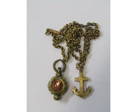 9ct YELLOW GOLD VINTAGE ANCHOR PENDANT on belcher chain and stone set swivel fob, approx 3.8 grams weighable gold 