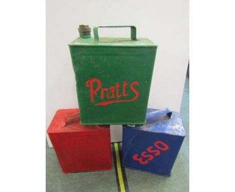 MOTORING, 3 painted metal fuel cans "Pratts/Shell/Esso", 12" height 