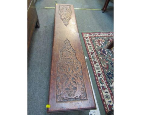ANTIQUE FOOT STOOL with carved Celtic design strap work panels, 44" width 