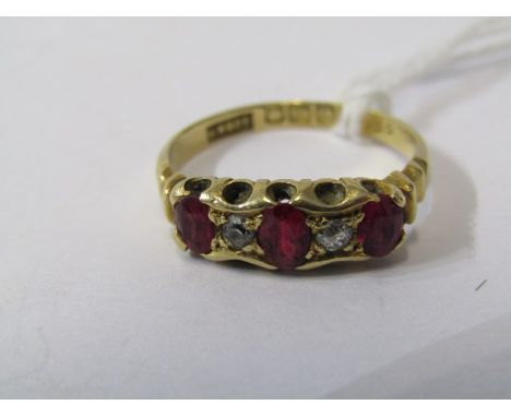 18CT YELLOW GOLD RUBY &amp; DIAMOND RING, 3 principal oval cut rubies each separated by old cut diamond in 18ct yellow gold H