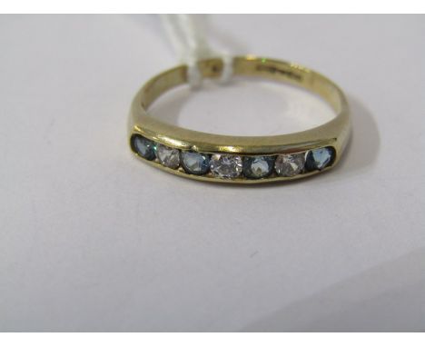 9ct YELLOW GOLD BLUE &amp; WHITE STONE HALF ETERNITY STYLE RING, size M/N 