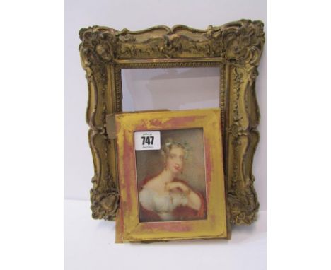 MINIATURE PORTRAIT, early 19th Century oil on ivory, "Portrait of Young Lady with red cloak", 4.5" x 3" 