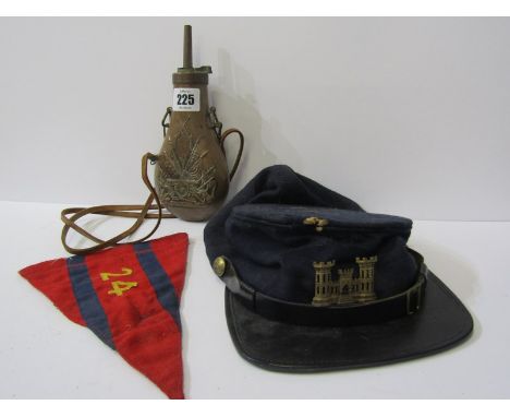 AMERICAN CIVIL WAR, embossed copper powder flask, also a military pendant and Union Solidier's cap 