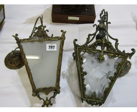 ANTIQUE GILT LAMP SHADES, 2 ornate gilt framed tapering lamp shades with opaque engraved glass panels, approx 10" drops 