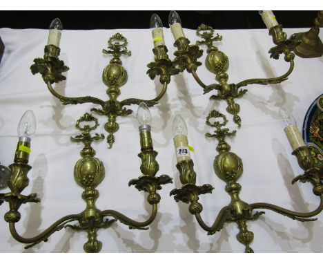 LIGHTING, set of 4 ornate brass twin branch wall lights of foliate embelished design, 16" height 