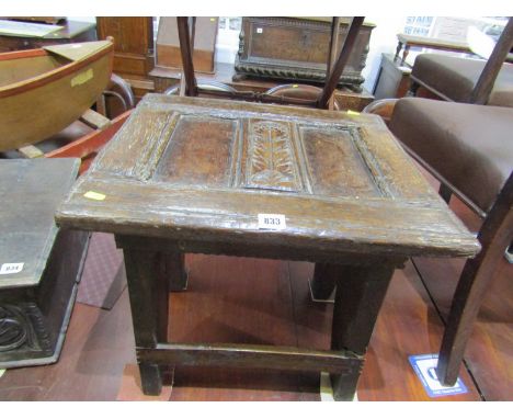 ANTIQUE OAK STOOL, carved and panelled top stool on rustic base, 19.5" base 