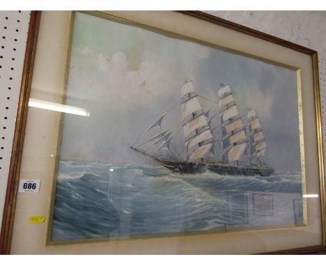 MARITME, J. Tonelli, signed gouache "Ship portrait of 3 masted Scooner", 17" x 25" 