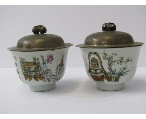 ORIENTAL CERAMICS, pair of 19th Century Chinese porcelain bowls, decorated with legends and seal base mark, white metal lids 