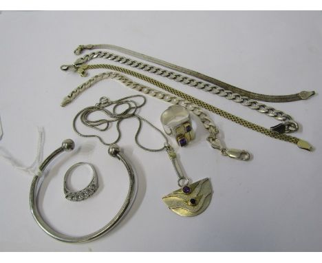 SILVER JEWELLERY,  including torque bangle, curb bracelet, herringbone ribbon bracelet, pendants, rings, etc 