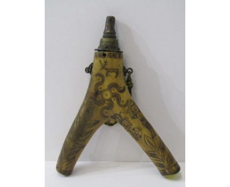 HUNTING, Stag horn scrimshaw 2 branch hunting flask with primitive scratchwork decoration, possibly American Civil War, 9" he