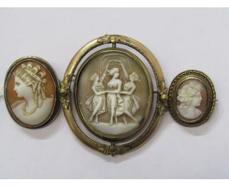 CAMEO'S, 3 vintage cameo brooches, all in yellow metal 