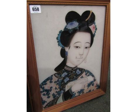 CHINESE SCHOOL, reverse glass painting, "Portrait of Young Lady reading", 15" x 11.5" 