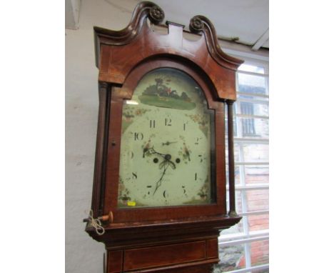 EARLY 19TH CENTURY LONGCASE CLOCK, 8 day painted breakarch face detailed with hunting scene by Ashton of Leek, cross banded a