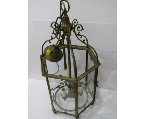 BRASS LANTERN LIGHT FITTING, of hexagonal form with bevel glass panels, 25" drop, 13" diameter 