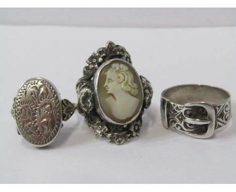 SILVER RINGS, selection of 3 silver rings  including vintage belt buckle ring, locket ring &amp; cameo ring 