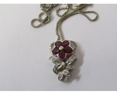 18ct WHITE GOLD RUBY &amp; DIAMOND SET FLOWER PENDANT, on 18ct white gold box link necklace, approx 4.3 grams in weight 