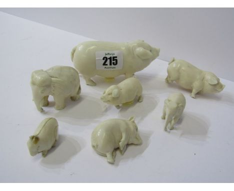 VINTAGE IVORY CARVINGS, collection of 4 carved ivory pigs, 2 elephants and 1 other animal, 4" max length 