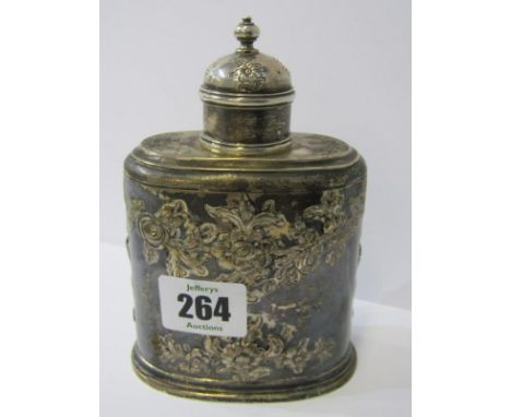 ANTIQUE CADDY, attractive floral embossed oval bodied tea caddy with Armorial engraved lid, 5" height 