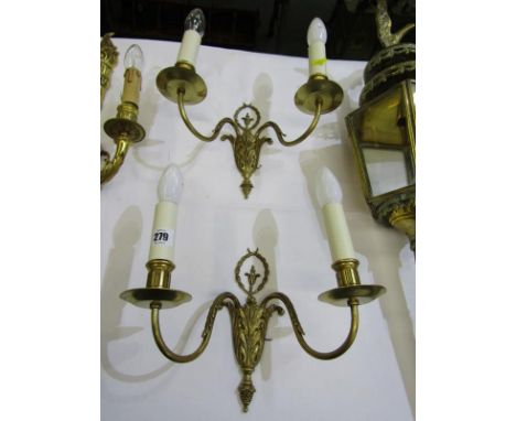 LIGHTING, pair of antique design brass twin branch wall lights of foliate details, 9" height 