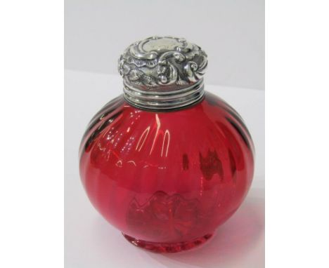 SILVER TOPPED SCENT BOTTLE, London 1894, with ruby glass base, 3.5" high 