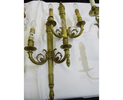 LIGHTING, pair of antique design ornate brass twin branch wall lights with flaming torch design, 23" height 
