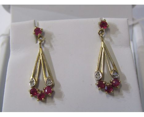 PAIR OF 9ct YELLOW GOLD RUBY &amp; DIAMOND DROP EARRINGS 