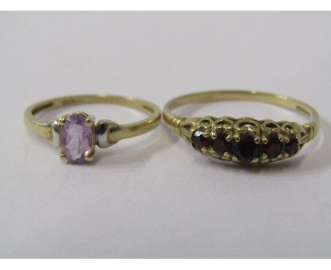 2 GOLD RINGS, 1 amethyst, size J, 1 garnet, size R 