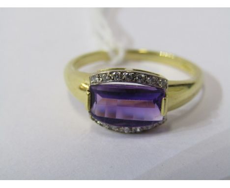 18ct YELLOW GOLD AMETHYST &amp; DIAMOND RING, unusual back cut curved amethyst set with accent diamonds to each shoulder in 1