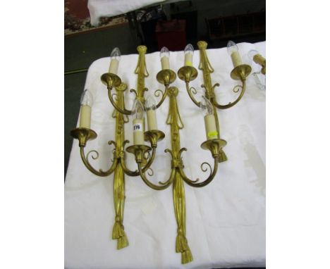 LIGHTING, set of 4 ornate brass twin branch wall lights of tassled rope design, 21" height 