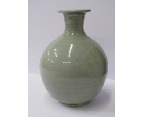 STUDIO POTTERY, Bernard Leach stoneware celadon glaze spherical, narrow necked vase, potters mark of Trevor Corser, 8.5" 